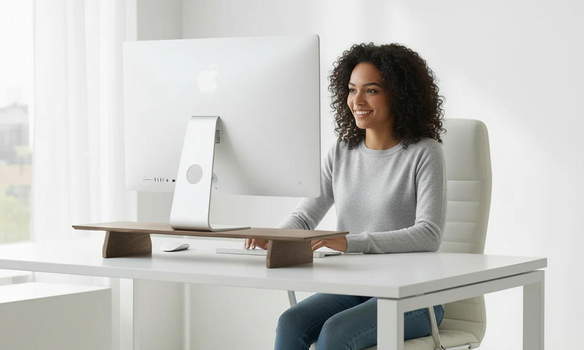 Een vrouw achter een wit bureau werkend op haar computer. De computer staat op een houten monitor verhoger van Mavero.